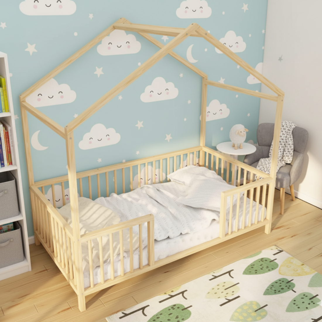 Nestly - Montessori Playhouse Floor Bed with Railings