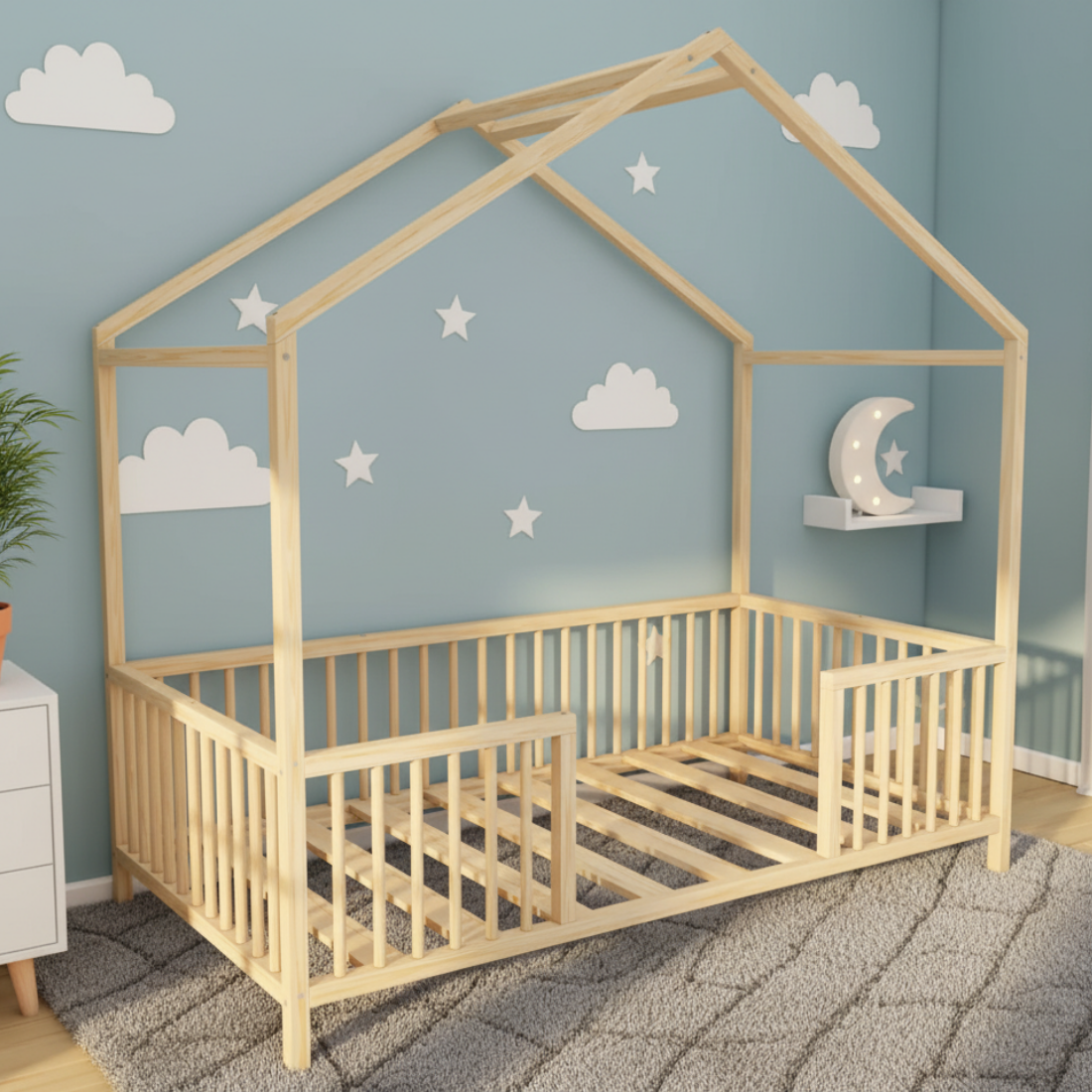 Nestly - Montessori Playhouse Floor Bed with Railings