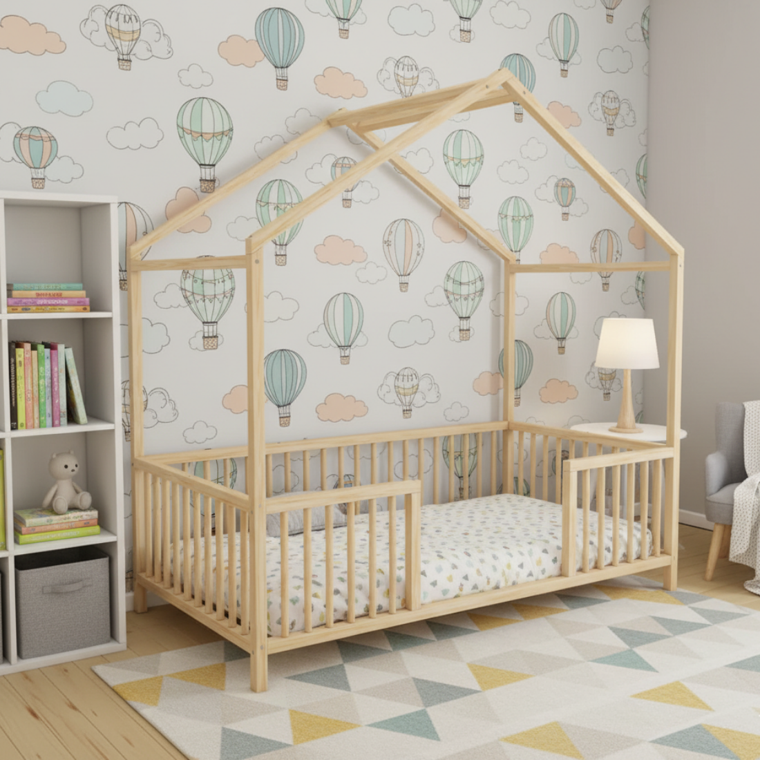 Nestly - Montessori Playhouse Floor Bed with Railings