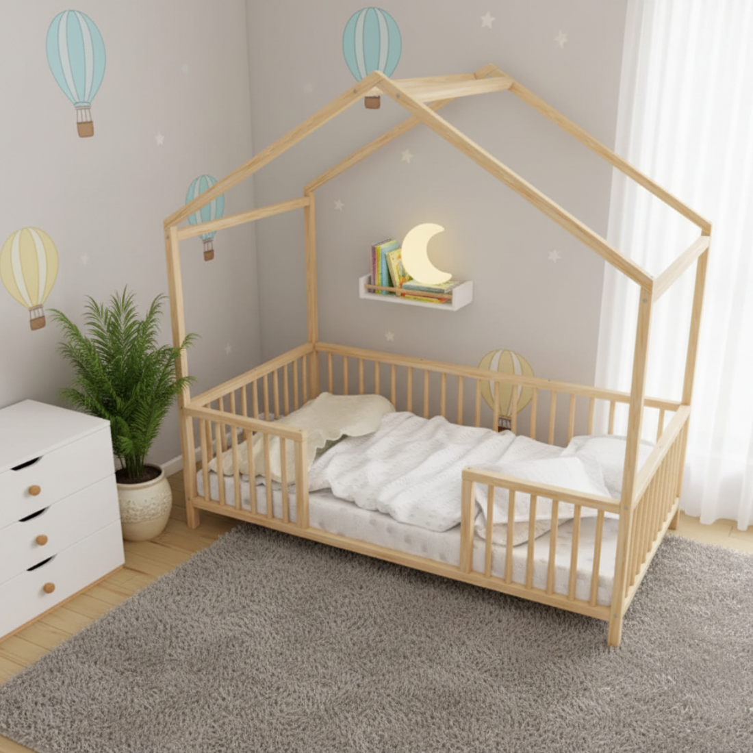 Nestly - Montessori Playhouse Floor Bed with Railings