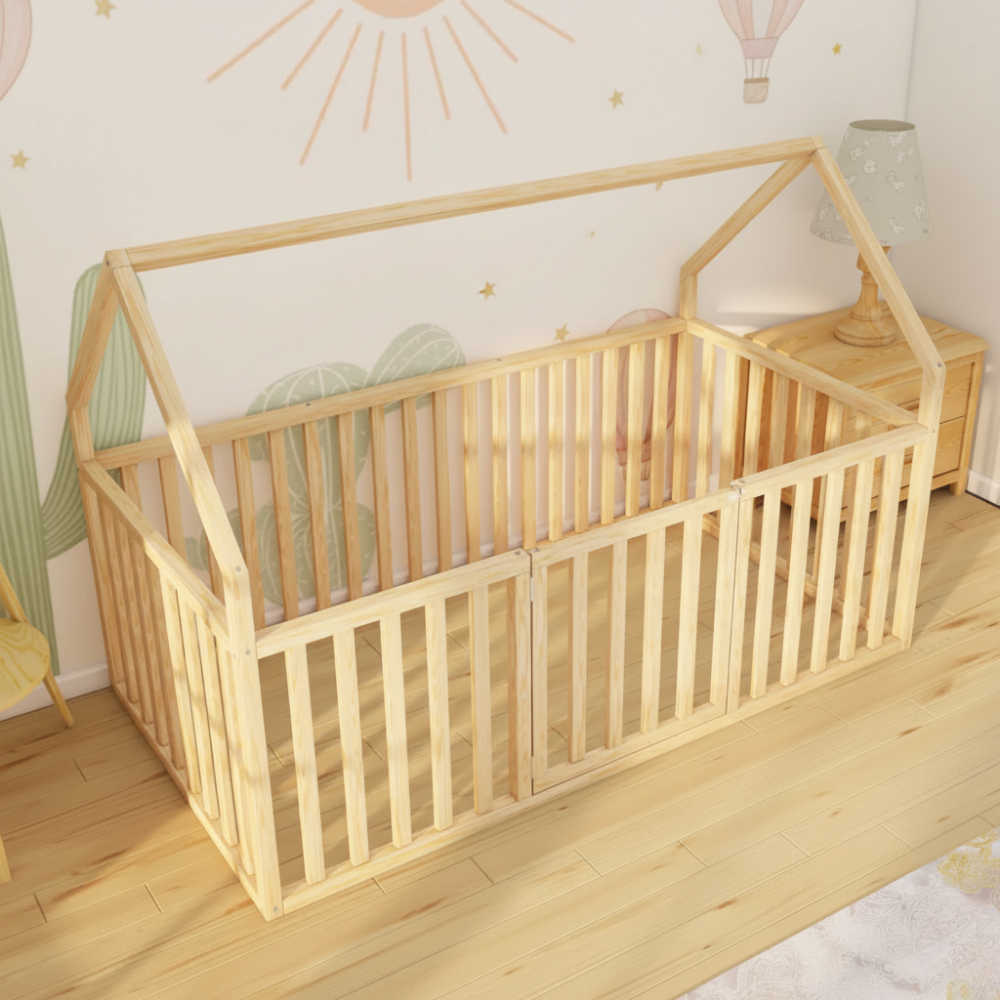 Nino - Montessori Playhouse Floor Bed with High Railings and Gate