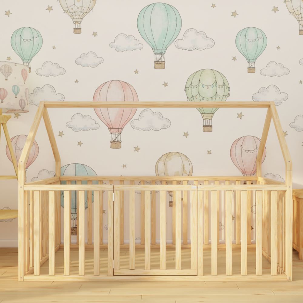 Nino - Montessori Playhouse Floor Bed with High Railings and Gate