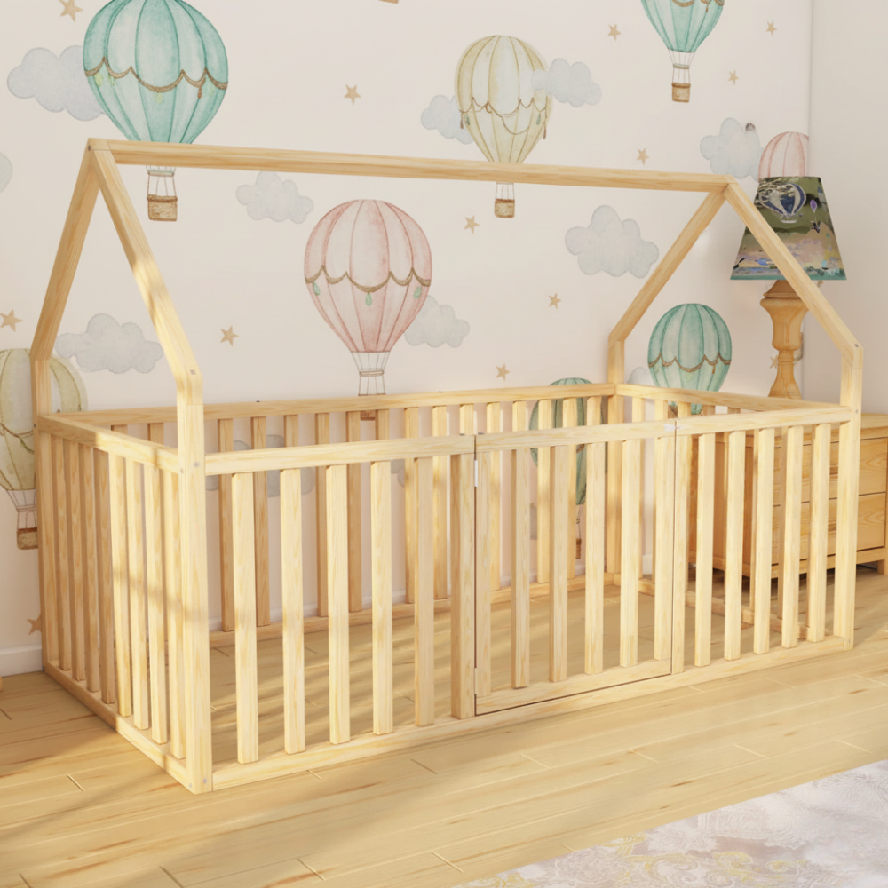 Nino - Montessori Playhouse Floor Bed with High Railings and Gate