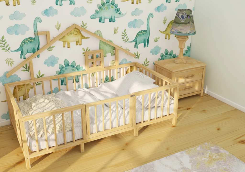 Nuno - Montessori Natural Wooden Kids Bed with Roof and Legs