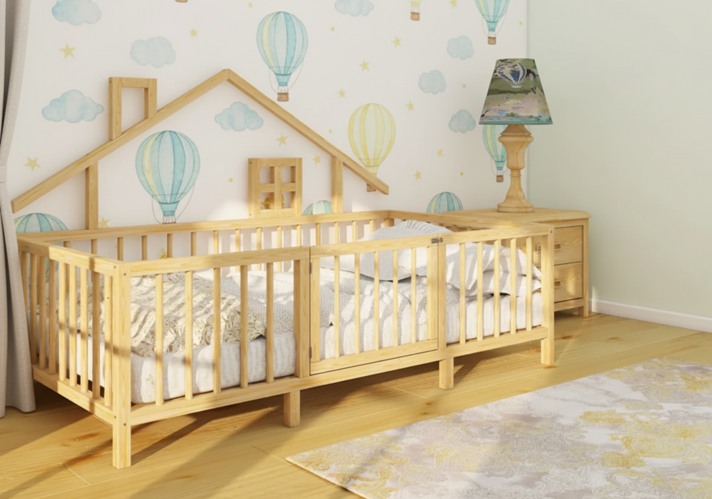 Nuno - Montessori Natural Wooden Kids Bed with Roof and Legs