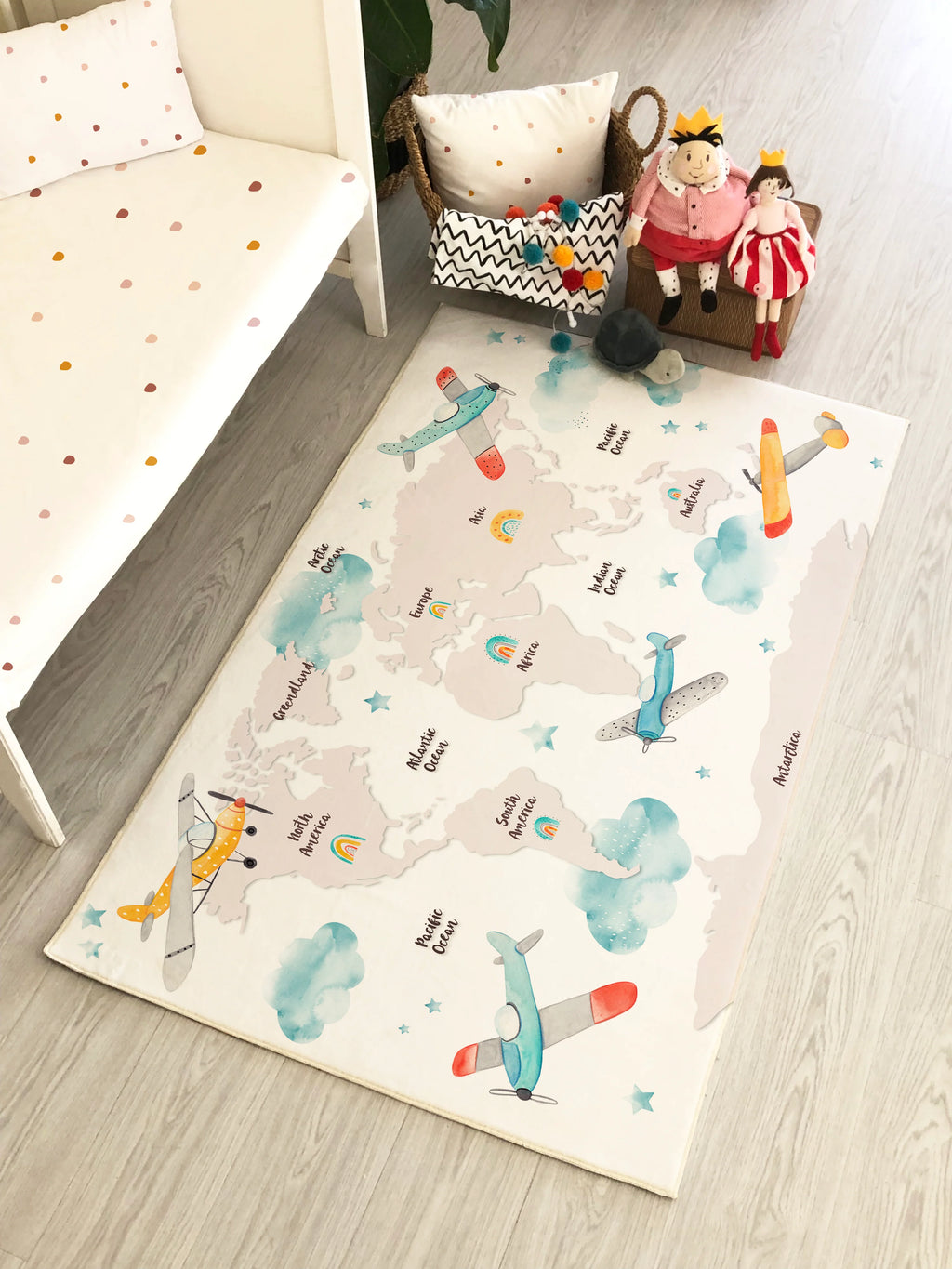 Children's Rug with Airplane World Map Design