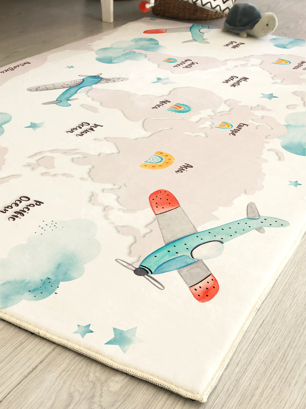 Children's Rug with Airplane World Map Design