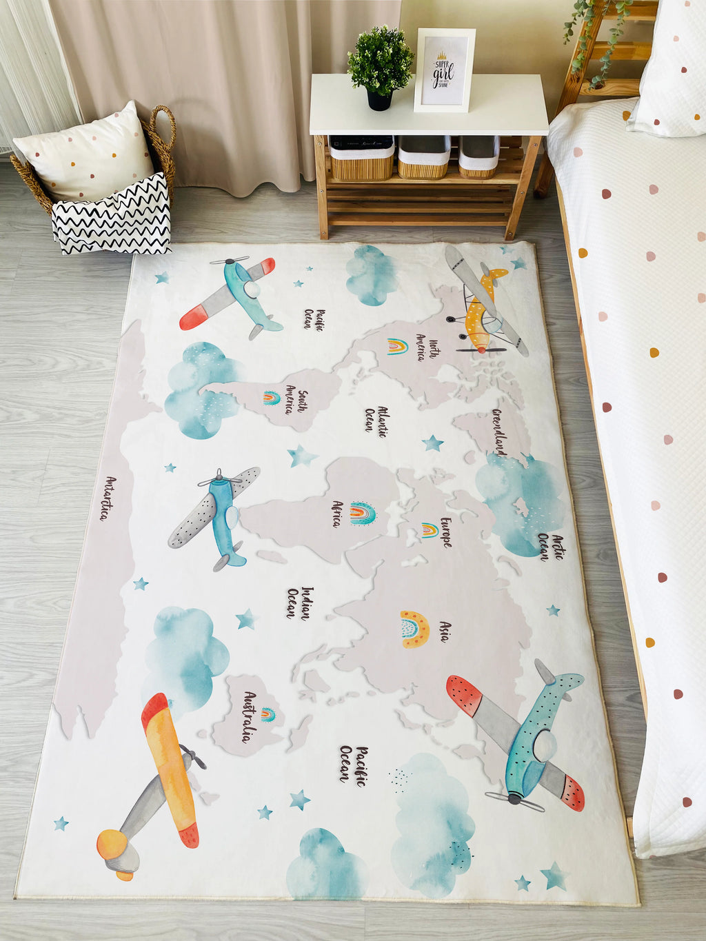 Children's Rug with Airplane World Map Design