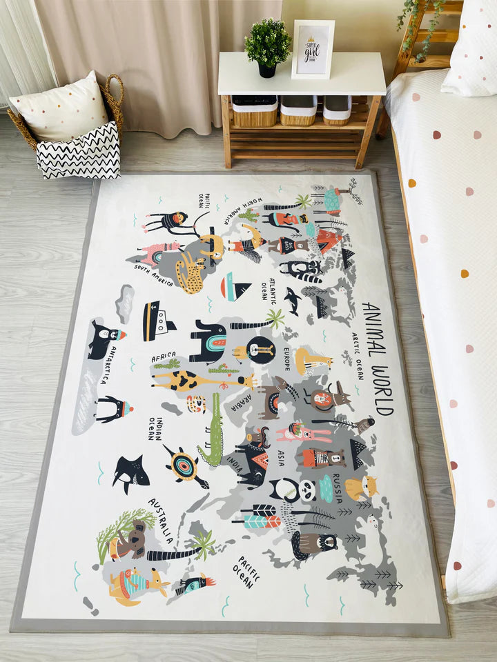 Children's Rug with Animal World Map Pattern