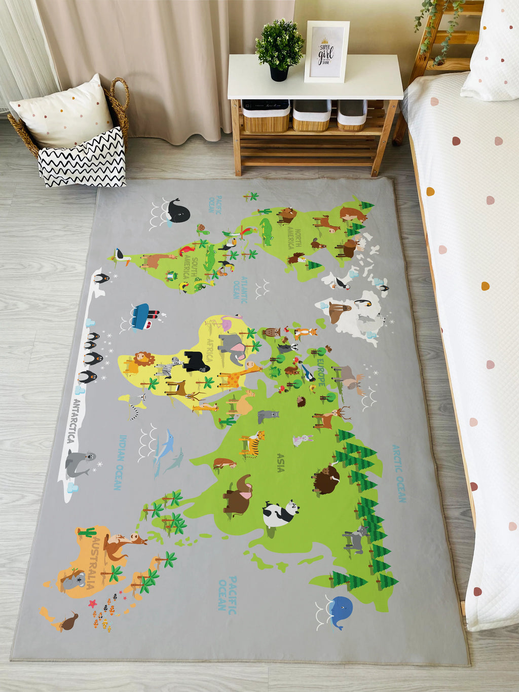 Children's Rug with World Map Design