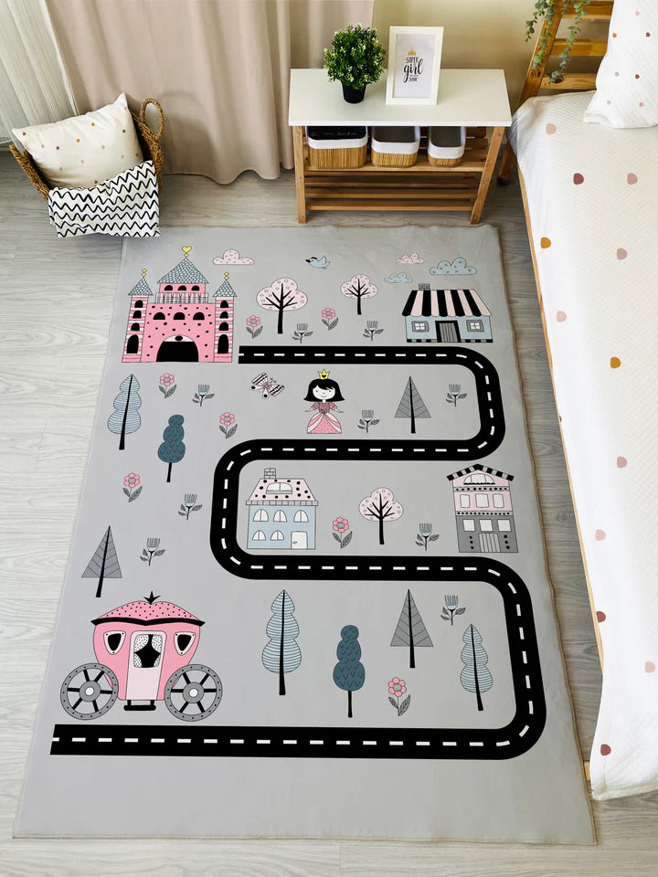 Fairy Tale City Car Road Patterned Children's Rug