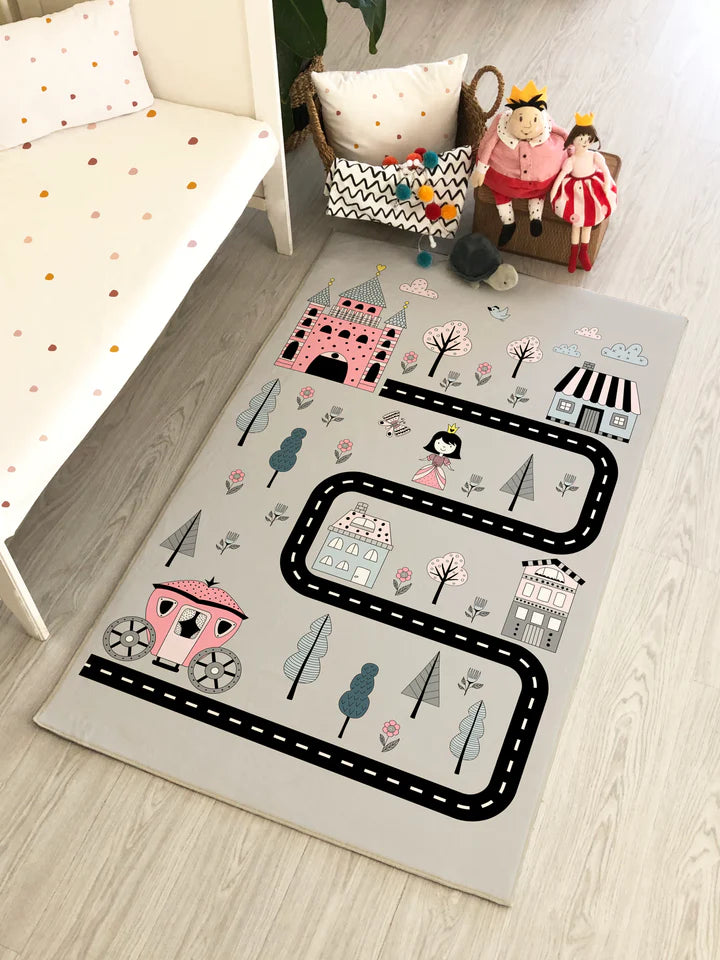 Fairy Tale City Car Road Patterned Children's Rug