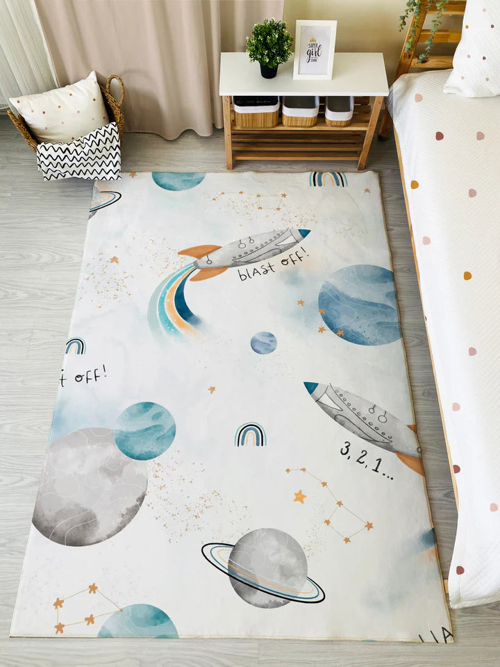 Space Rocket Patterned Children's Rug