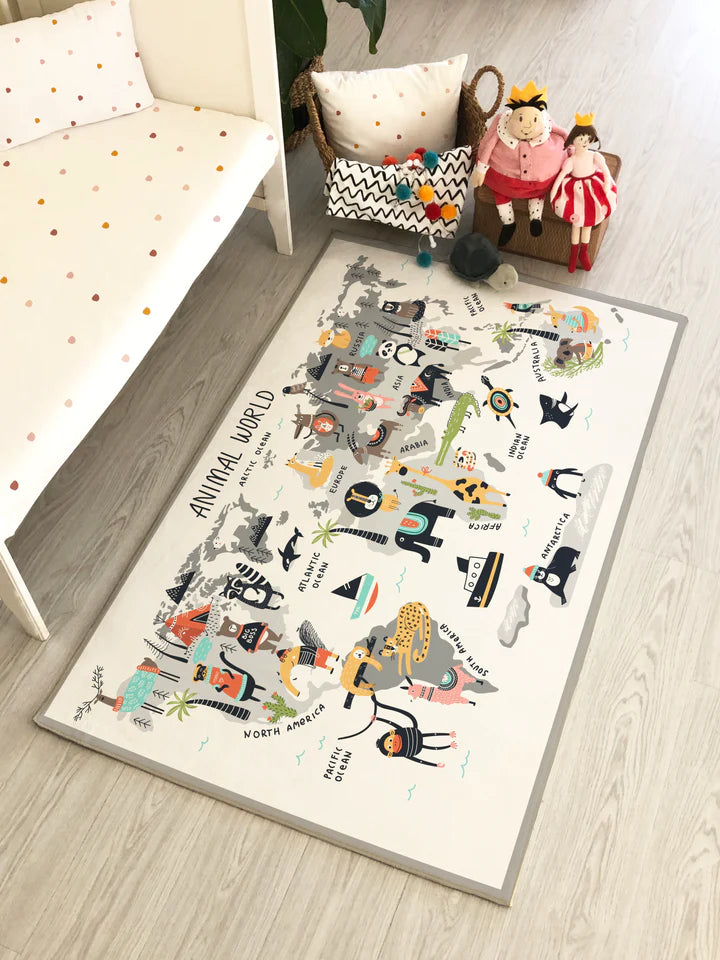 Children's Rug with Animal World Map Pattern