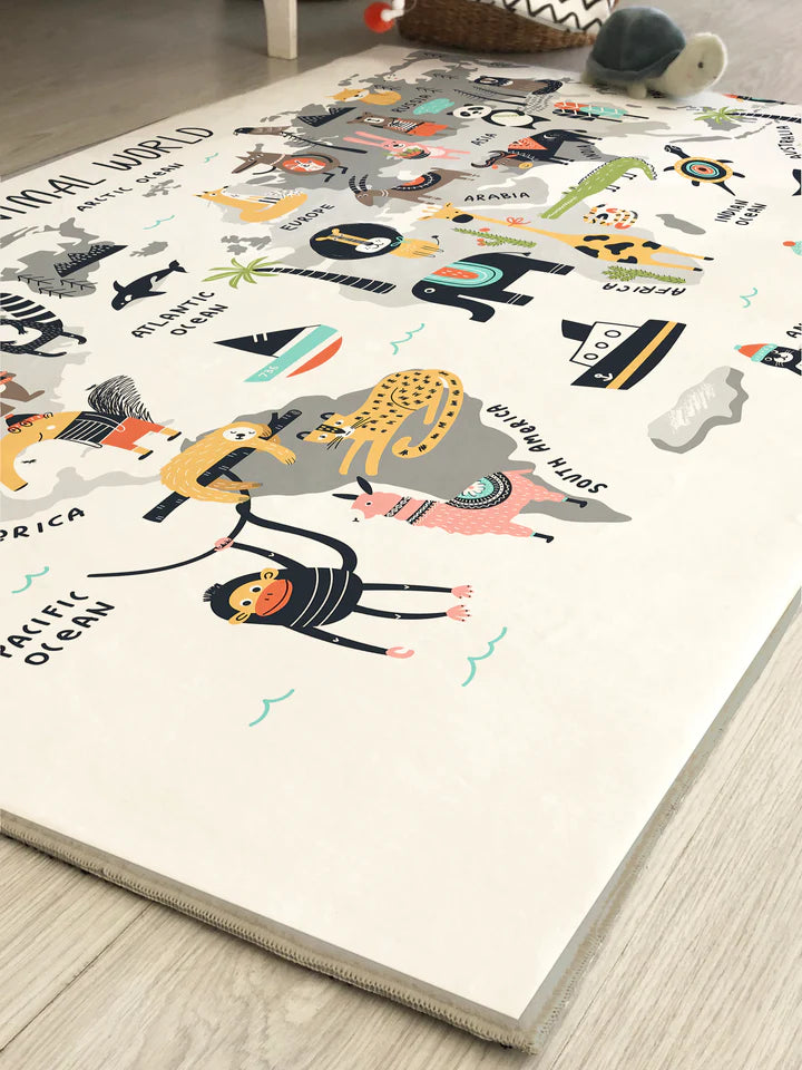 Children's Rug with Animal World Map Pattern