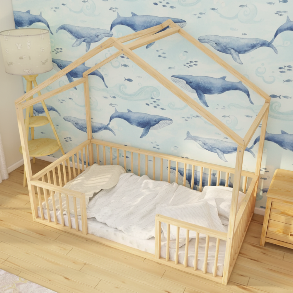 Monta - Montessori Playhouse Floor Bed with Cylindrical Railings