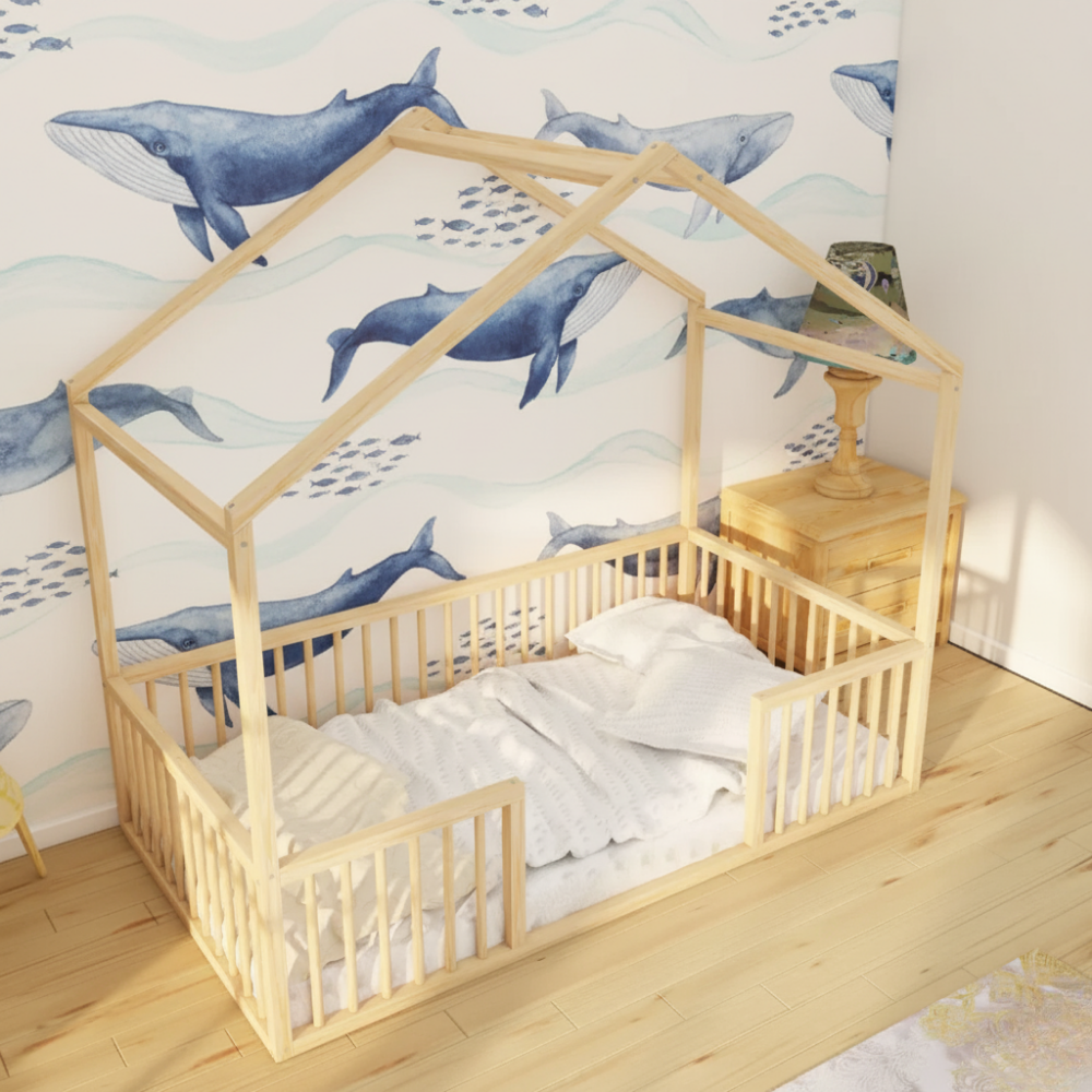 Monta - Montessori Playhouse Floor Bed with Cylindrical Railings